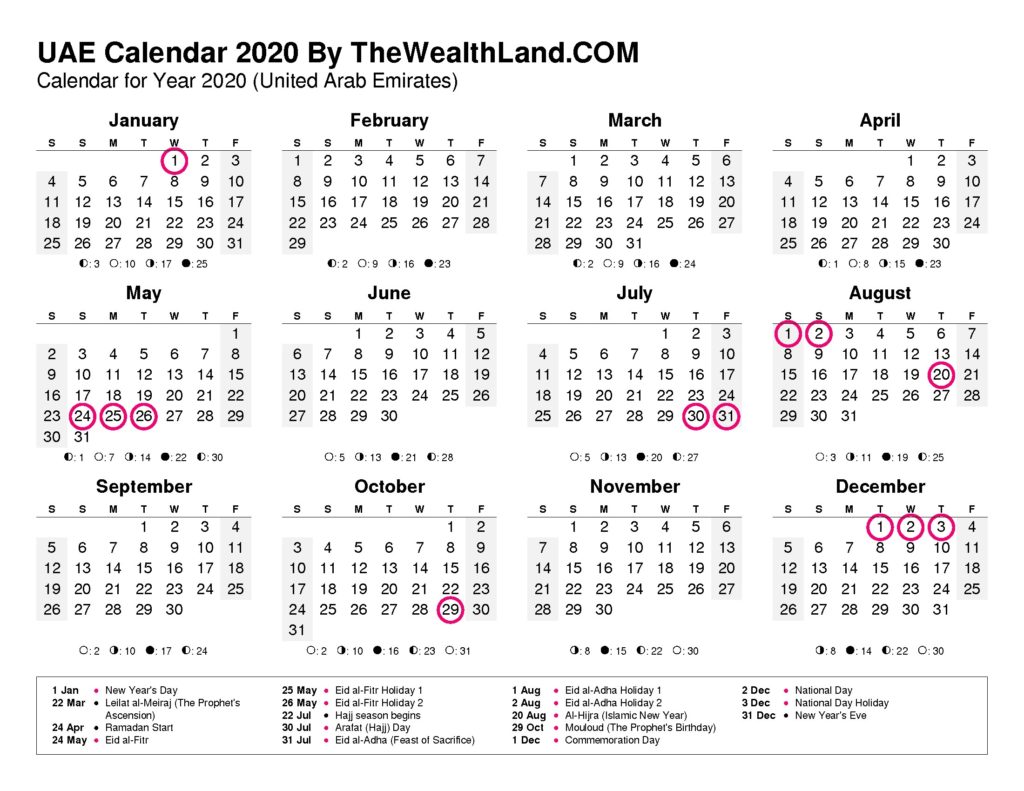 Yearly Calendar United Arab Emirates 2020