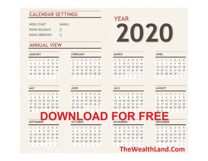 Any year calendar with holidays 2020 Dynamic Yearly and Monthly Calendar