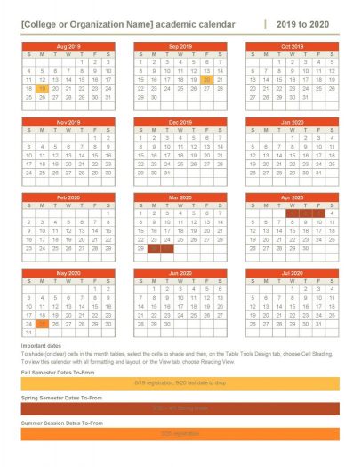 College Academic Calendar  2019-2020 MS Word Template 