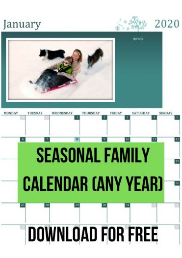 2020 Seasonal family calendar (any year, Mon-Sun)2